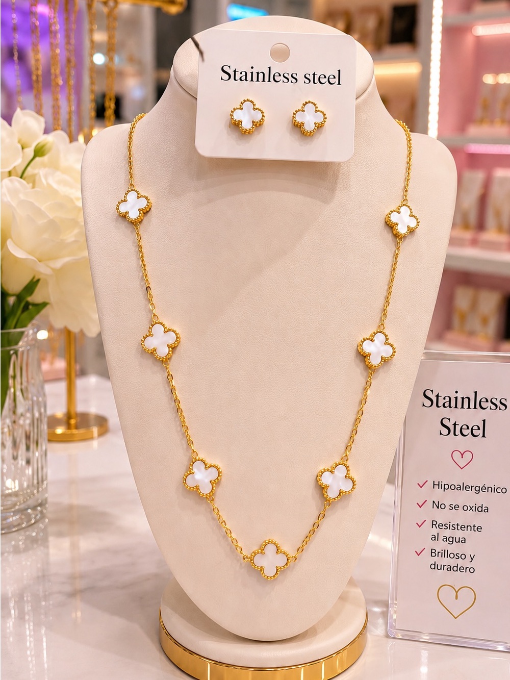Gold & White Clover Stainless Steel Jewelry Set